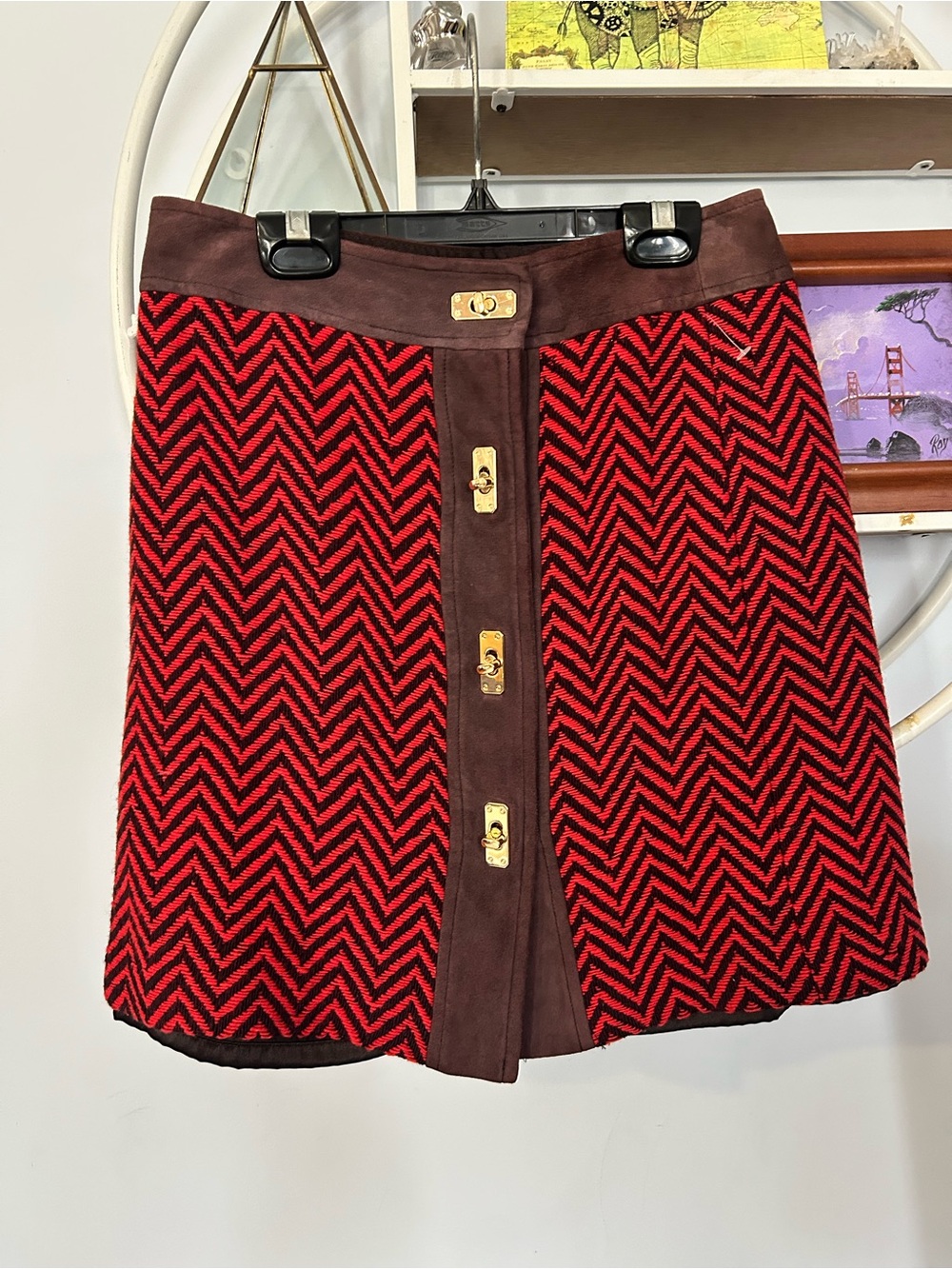 Milly of New York Women’s 4 Red Brown Leather Suede Wool Lined Mini Skirt